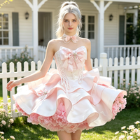 Robe de princesse pour femme, Lolita rose, robe mini sans bretelles avec nœud et volants floraux pour cosplay