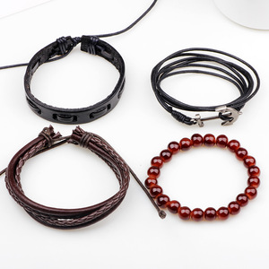 Qinuo Navy Style Cowhide Multi Strap Bracelet Anchor <b>Beaded</b> Jewelry <b>Set</b> For Men - Product Image 3