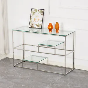 Modern hallway entryway silver stainless steel mirror tempered glass console table for living room