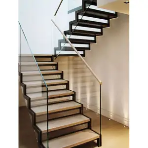 Customized Steel Staircase Zigzag Shaped Stringer Stair Design Wood Staircase Used For Villa