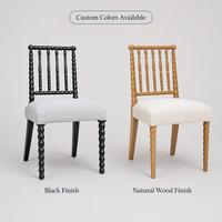 Chaise de salle à manger Bobbin en bois de frêne massif, assise et dossier rembourrés en lin, tiges tournées, style français, personnalisable pour restaurant