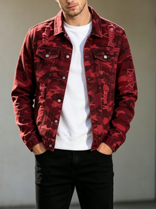 <strong>Men</strong> <strong>Red</strong> Camouflage Ripped Denim Trucker Jacket Distressed Vintage Streetwear Casual Long Sleeve Breathable 100% Cotton <strong>Jean</strong> - Product Image 6