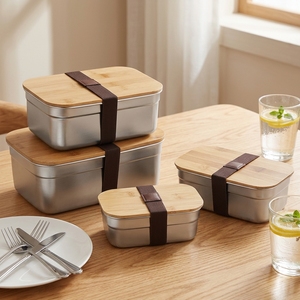 Anpassbare Edelstahl-Quadrat-Lebensmittelbehälter mit Holzdeckel Auslaufsichere Fächer Personalisierte Bedruckung Bento-Box - Product Image 1