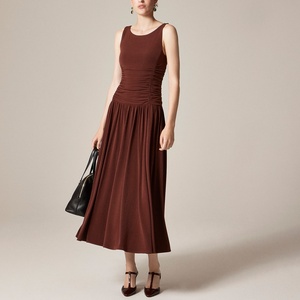 Vestido Maxi con Cuello Barco y Cintura Baja en Satén Mate con Lazos Calados y Bordado Floral, Estilo Casual de Verano - Product Image 1