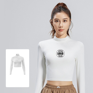 T-shirt à col montant pour femmes, 82,5 % polyester, 17,5 % élasthanne, manches longues, haut de sport côtelé extensible, crop top pour femmes - Product Image 1