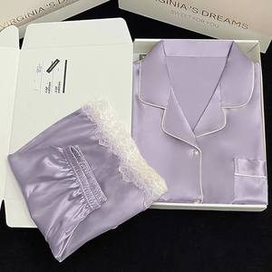 All'ingrosso <span class=keywords><strong>pigiama</strong></span> di seta Sexy Sexy da donna <span class=keywords><strong>pigiama</strong></span> in raso a manica corta per l'estate autunno primavera con dettagli in <span class=keywords><strong>pizzo</strong></span> - Product Image 4