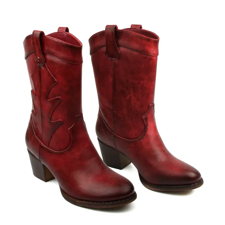 Bottes hautes élégantes de créateur personnalisées pour femmes chaussures mi-longues sexy pour femmes bottes de cowboy rouges à talons bas