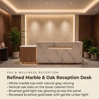 Comptoir de réception moderne en marbre avec façade en lattes de bois et finition dorée pour hôtel, salon, bureau, clinique - Vente en gros de mobilier