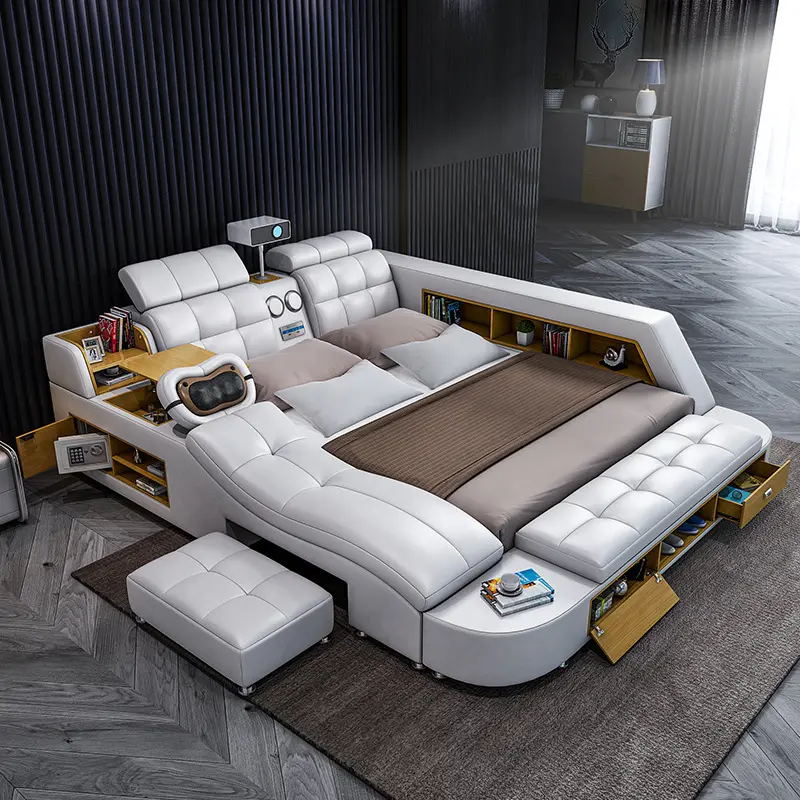 2021 מודרני עור חכם מיטה עם עיסוי רב פונקצית שינה ריהוט עם אחסון תיבת מיטות