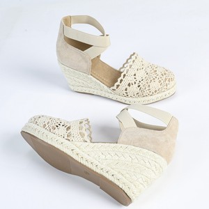 Sandali Donna in Tela <span class=keywords><strong>con</strong></span> <span class=keywords><strong>Zeppa</strong></span> Stile Romanico, Espadrillas Color Albicocca per Vacanze <span class=keywords><strong>con</strong></span> Cinturini Elastici Incrociati e Punta Tonda - Product Image 5