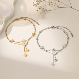 <span class=keywords><strong>Cavigliera</strong></span> da donna alla moda in acciaio inossidabile placcato oro 18 carati stile coreano, con doppio strato, fiore, conchiglia e nappa - Product Image 1
