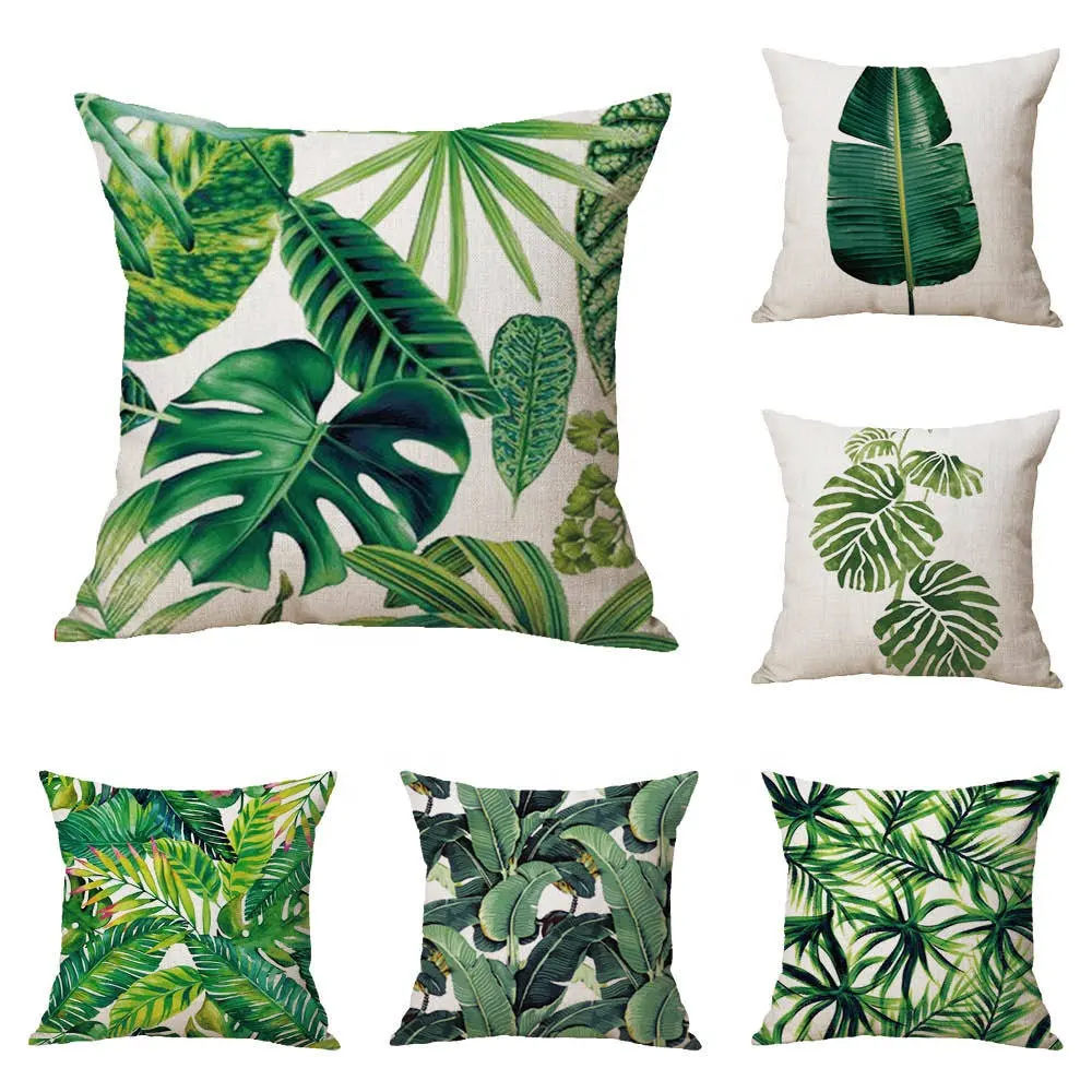 Green Leaves Decorative Tropical Rainforest Palm Leaves Cushion Square Linen 18 x 18 Throw Pillow Covers Cases throw pillow