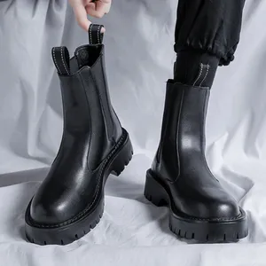 Botas altas tornozelo confortável linha costura branca durável bonito couro Chelsea Botas para homens