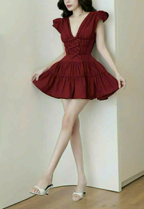 Vestido corto con cuello en V y falda con volantes, minivestido de fiesta con cuello en V estilo Vietnam, manga con volantes, detalle de lazo, cintura alta, vestido de poliéster. - Product Image 5