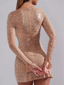 Robe Mini Sexy Joydressing <span class=keywords><strong>Nude</strong></span> à Strass Col Carré Manches Longues Évasées Moulante pour Soirée Vente en Gros Fournisseur Personnalisé - Product Image 3