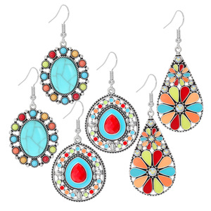 Pendientes Colgantes Boho de Moda para Mujer, con Turquesa y Aleación, Diseño Floral, Joyería de Fiesta, Engaste de Bisel de Plata Tibetana - Product Image 5