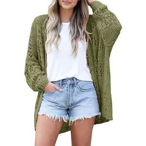 Cardigã Feminino de Outono Inverno em Tricô Pointelle com Abertura Frontal, Manga Bufante Longa, Ombro Caído, Detalhes Vazados e Canelado, Confortável e Casual - Product Image 2