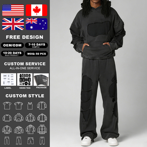 High Quality Custom Logo Breathable Unisex Distressed Hoodie <b>Set</b> Oversized Wide Leg Pants Hip Hop Vintage Sweatsuit - Product Image 2
