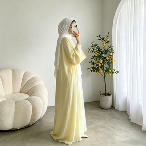 Butter Yellow Eid Open Abaya 2 Piece <b>Set</b> Muslim Women Kimono Georgette Kaftan Robe Hijab <b>Modest</b> Outfit - Product Image 4