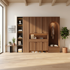 Nordic Two Tone Wood Wardrobe <strong>Closet</strong> Arch Fluted Panel <strong>Mudroom</strong> Entry Storage Bench Custom Hallway Furnishing - Product Image 6