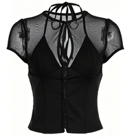 Haut court rouge moulant d'été en maille transparente de spandex et dentelle, sexy, élégant, pour club, avec manches courtes, fermetures à agrafes et dos complexe à multiples bretelles