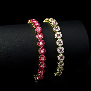 Rosso Rubino Monili di Rame Placcato Oro Del Fiore Tennis Braccialetto Chain Hip Hop Pavimenta Il Cristallo Cubic Zirconia CZ Tennis Braccialetto