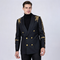 Veste de Costume Homme Noire Dorée Brodé Double Boutonnage Blazer de Luxe à Paillettes Dorées Anti-Plis 100% pour Tenues Professionnelles