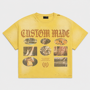 เสื้อยืดกราฟิกสีเหลืองวินเทจ ทรงบ็อกซี่ ผ้าคอตตอนหนา คอกลม สไตล์สตรีทแวร์  แบบทำสีซีดจาง  เสื้อยืดผู้ชายสั่งทำพิเศษ - Product Image 1