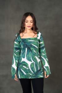 Kurti sin mangas Aanya Palmscape con cuello cuadrado en V, estampado de palmeras tropicales, ropa étnica de verano, de secado rápido, sin arrugas, corte fluido, para fiesta. - Product Image 2