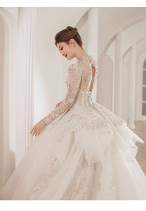 Gaun Pengantin Lengan Panjang Pengantin Baru Mewah Industri Berat Kereta Besar Gaun Pengantin Tekstur Senior - Product Image 5