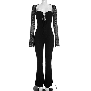 Viviblook D26JP280 Women Autumn New Solid Color Sexy Lace Hollow Drawstring Long Sleeved Slim Fit Casual One Piece Jumpsuit - Product Image 2