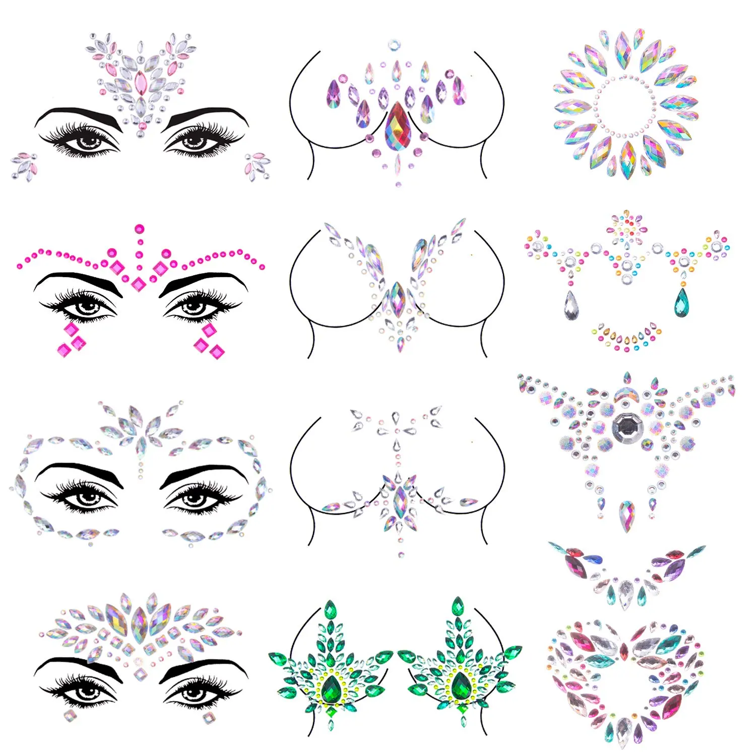 Cheap Wholesale rhinestone body Glow in The Dark Diamond Masquerade Makeup Jewels Decoration Eye Eyebrow Face Gems
