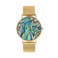 Montre à cadran en nacre d'ormeau en gros, montre à bracelet en acier inoxydable à mailles tendance pour femme