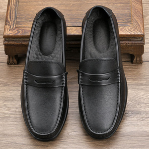 Men's Genuine Leather Round <b>Toe</b> Loafers Slip-On Rubber Outsole Breathable Office Career All Seasons Solid Color Dress Shoes - Product Image 2