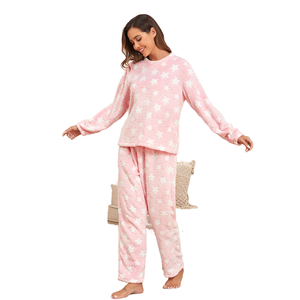 Conjunto de Pijama para Mujer, Manga Larga, Cuello Redondo, Estampado de Estrellas, Felpa, Casual, Elegante y Transpirable para Invierno - Product Image 1