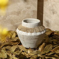 Vase en terre cuite à large ouverture, style Wabi-Sabi, fait main, écologique, pour mariage, décoration de la maison, vase à fleurs de table, poignées en corde de paille