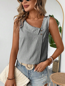 T-shirt sans manches à col bateau pour femme, nouvelle collection printemps 2026, personnalisable avec logo, coupe classique, pull rayé multicolore, hauts décontractés pour l'Europe - Product Image 2
