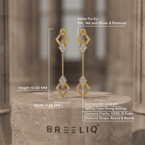 Boucles d'oreilles pendantes BREELIQ en or jaune 14 carats avec breloque ronde, diamant rond taille brillant 0,22 carat VVS2 couleur G, pour anniversaire - Product Image 4