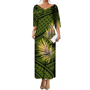 Robe longue maxi personnalisée pour <span class=keywords><strong>femme</strong></span>, style populaire, col en V, <span class=keywords><strong>rose</strong></span> vif et blanc, imprimé tribal polynésien, manches longues, style Asie-Pacifique - Product Image 2