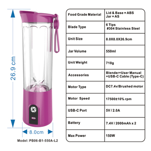 Mixeur portable 550 ml, rechargeable par USB, sans fil, mini-blender, petit appareil ménager, robot culinaire pour bébé, mixeur pour smoothies - Product Image 6