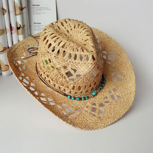 HLC169 Mũ Rơm Cao Bồi Phương Tây Ngoài Trời Raffia Bện Với Hoa Malan Ngọc Lam Mũ Rơm Che Nắng Mũ Thô Cạnh Rơm - Product Image 6