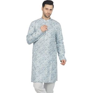Triloki Men's <b>Long</b> Kurta Printed 100% Cotton Breathable Poplin Fabric <b>Eid</b> Diwali Festival Wear - Product Image 2