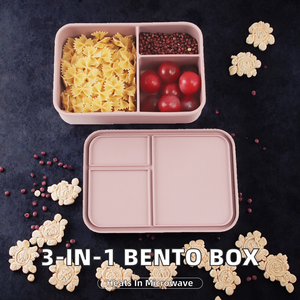 3-ngăn tái sử dụng BPA-free cấp thực phẩm Silicone Bento hộp lò vi ba dễ dàng làm sạch thiết kế đơn giản cho bé người lớn sử dụng nhà - Product Image 3