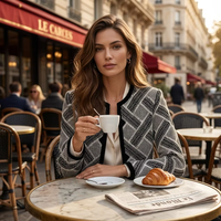 Veste élégante pour femme haut de gamme, double boutonnage, en laine fine de printemps, à motif géométrique, double face, avec décoration contrastante noire