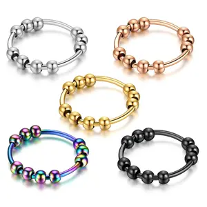 Großhandel Frauen Schmuck Silber Farbe Angst reduzieren Offene Perlen Abnehmbare Edelstahl Einfache Perlen Verstellbarer Zappel ring