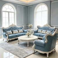 Europäisches Klassisches Geschnitztes Holzsofa-Set Blaues Echtleder Luxus-Villa Wohnzimmermöbel Heimsofa