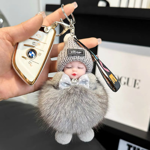Adorable Fox Fur Bag Charm Sleeping Doll Car Keychain Phone Pendant Plush Toy Doll