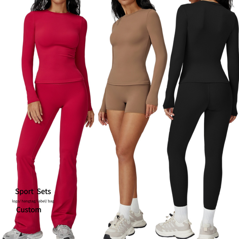 New Women Yoga Suit Long Sleeve Slim Fit Shirt Two Piece Workout Set High Waist Running Fitness Set Quick Dry Athletic Set