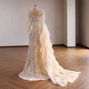 Robe de soirée en mousseline de soie sans manches, col cœur, style robe de bal, avec appliques en coton naturel 100% et dos lacé perlé, modèle RSM261026 - Product Image 3