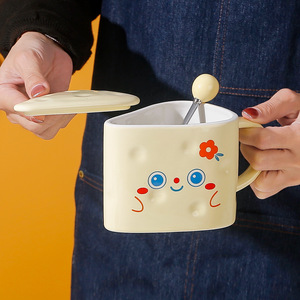 Swiss Cheese or Cookie Inspired <b>Ceramic</b> <b>Mug</b> With Cup Cover Unique Handcrafted Design for Gift Triangle Coffee <b>Mug</b> - Product Image 5